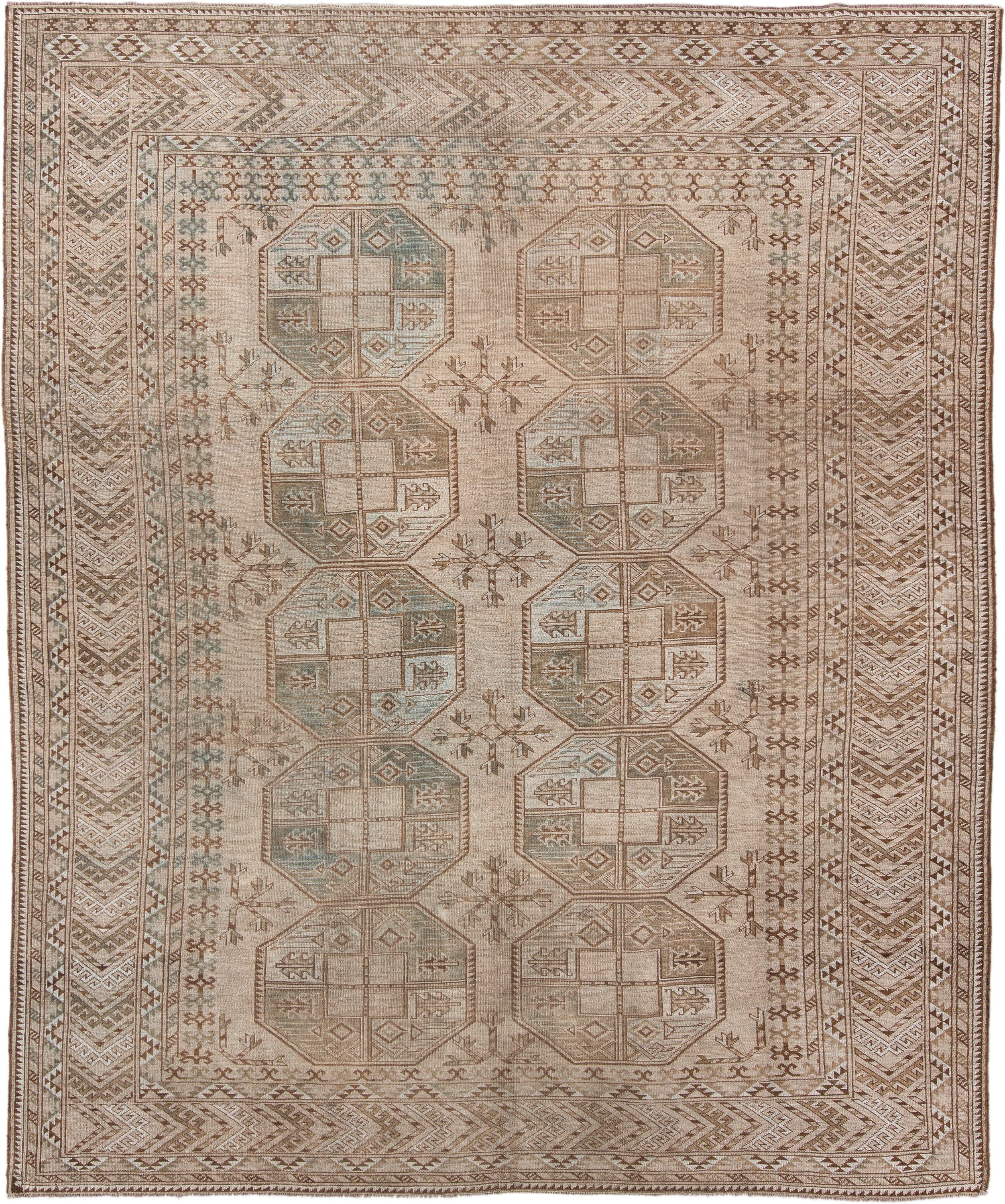 8' x 10' one-of-a-kind handmade antique Afghan large size rug. Color palette: ivory, taupe, camel, sage, brown, beige, gray