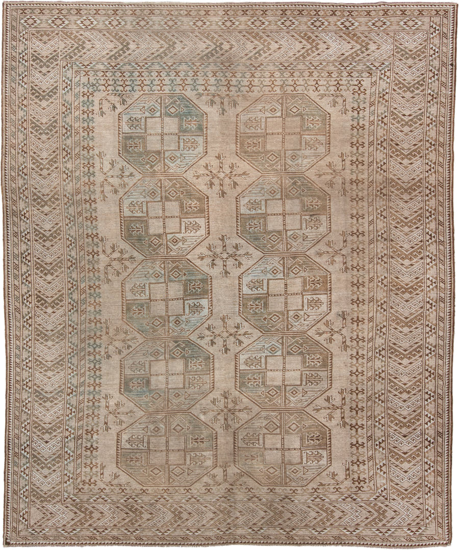 8' x 10' one-of-a-kind handmade antique Afghan large size rug. Color palette: ivory, taupe, camel, sage, brown, beige, gray