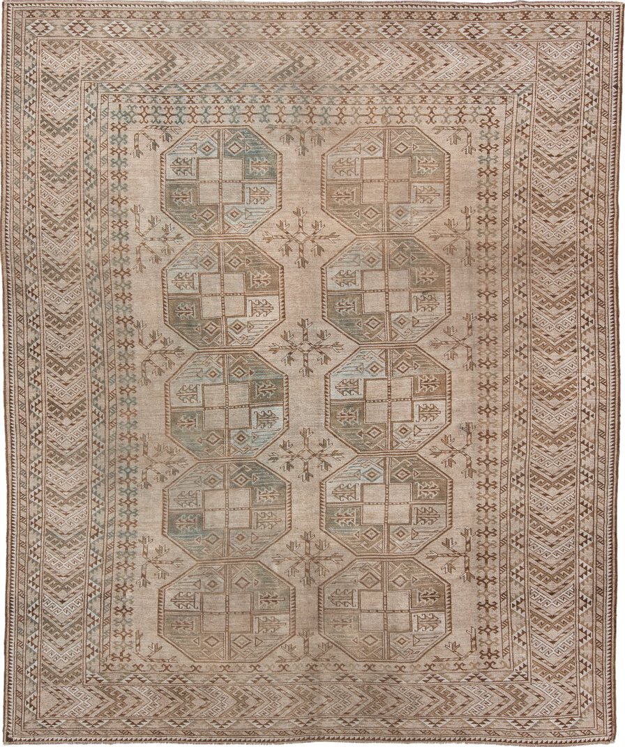 8' x 10' one-of-a-kind handmade vintage Afghan large size rug. Color palette: brown, gray, light gray, off-white, pink
