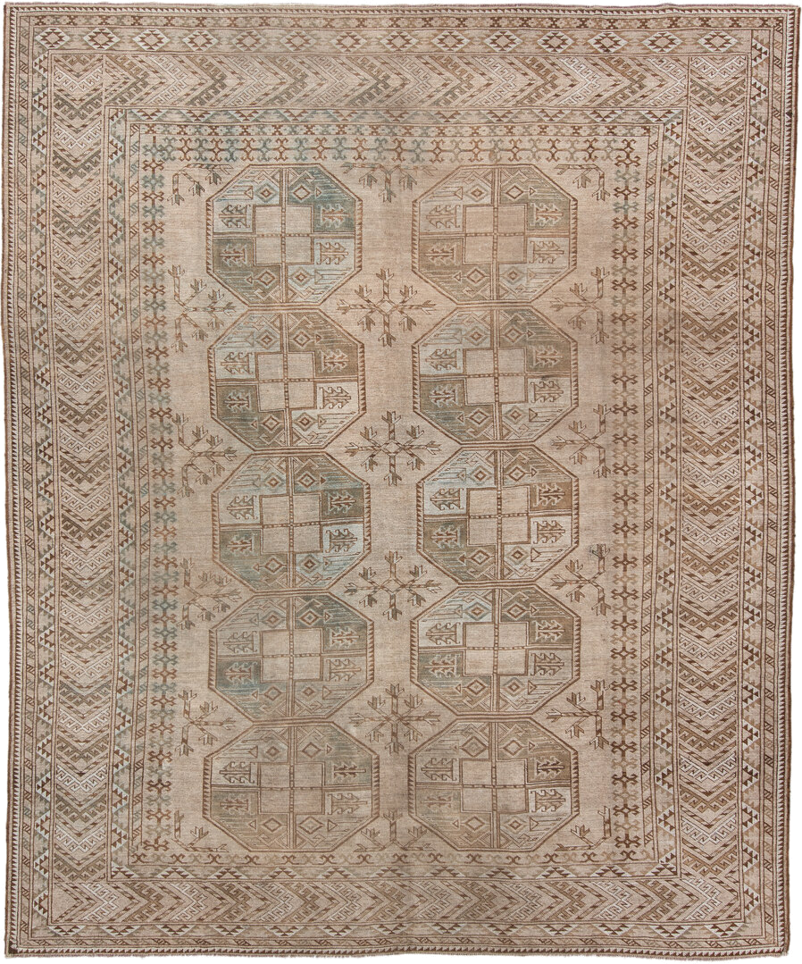 8' x 10' one-of-a-kind handmade antique Afghan large size rug. Color palette: ivory, taupe, camel, sage, brown, beige, gray