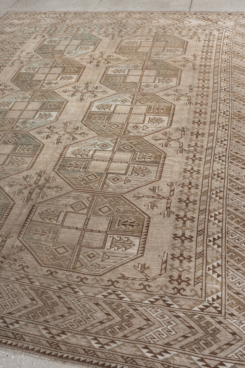8' x 10' one-of-a-kind handmade antique Afghan large size rug. Color palette: ivory, taupe, camel, sage, brown, beige, gray