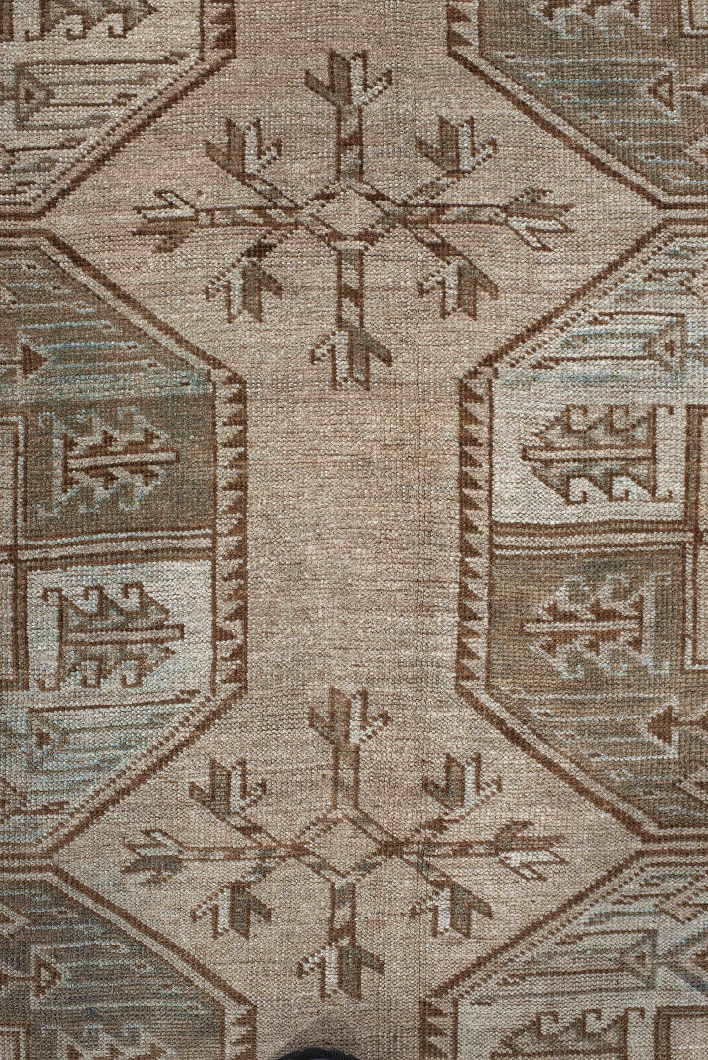 8' x 10' one-of-a-kind handmade antique Afghan large size rug. Color palette: ivory, taupe, camel, sage, brown, beige, gray
