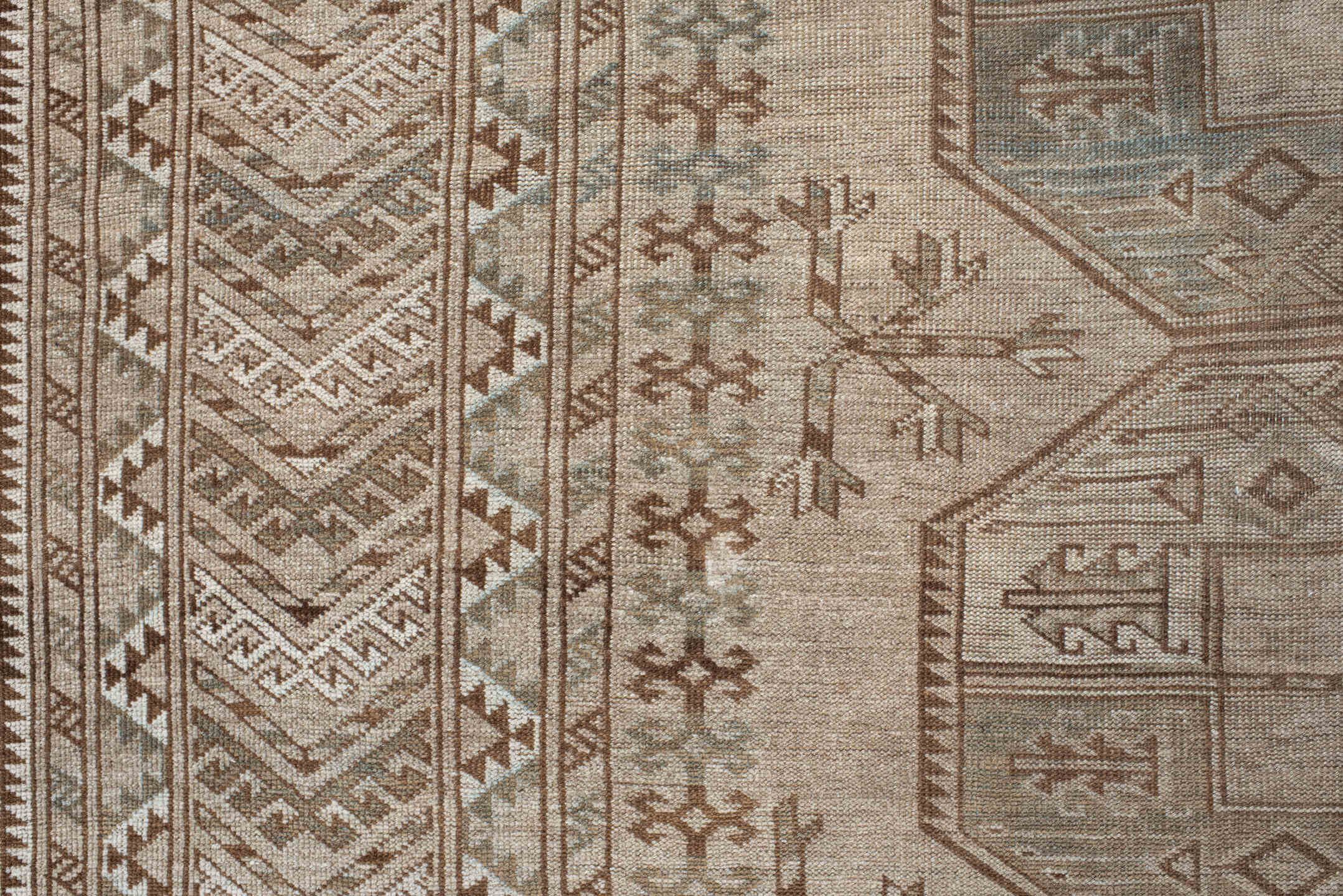 8' x 10' one-of-a-kind handmade antique Afghan large size rug. Color palette: ivory, taupe, camel, sage, brown, beige, gray