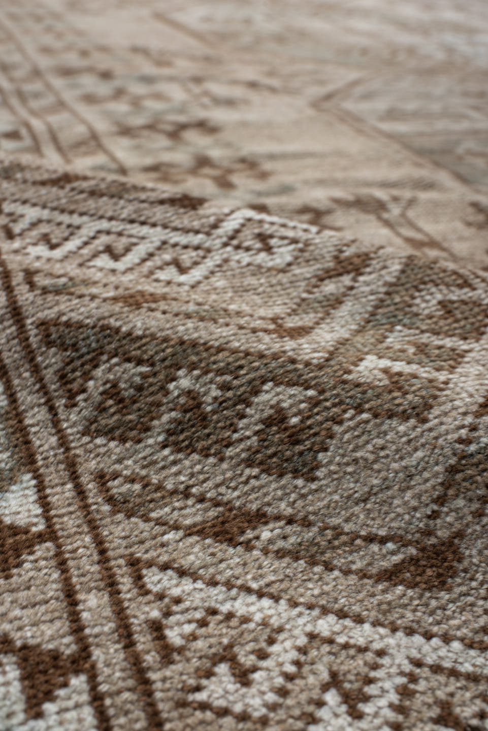 8' x 10' one-of-a-kind handmade antique Afghan large size rug. Color palette: ivory, taupe, camel, sage, brown, beige, gray