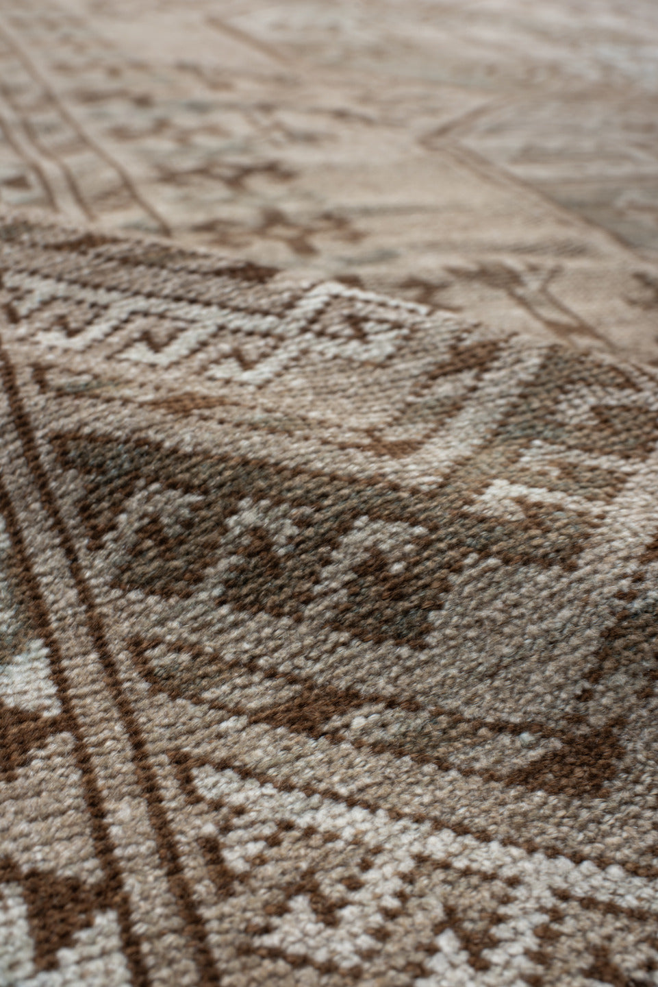 8' x 10' one-of-a-kind handmade antique Afghan large size rug. Color palette: ivory, taupe, camel, sage, brown, beige, gray