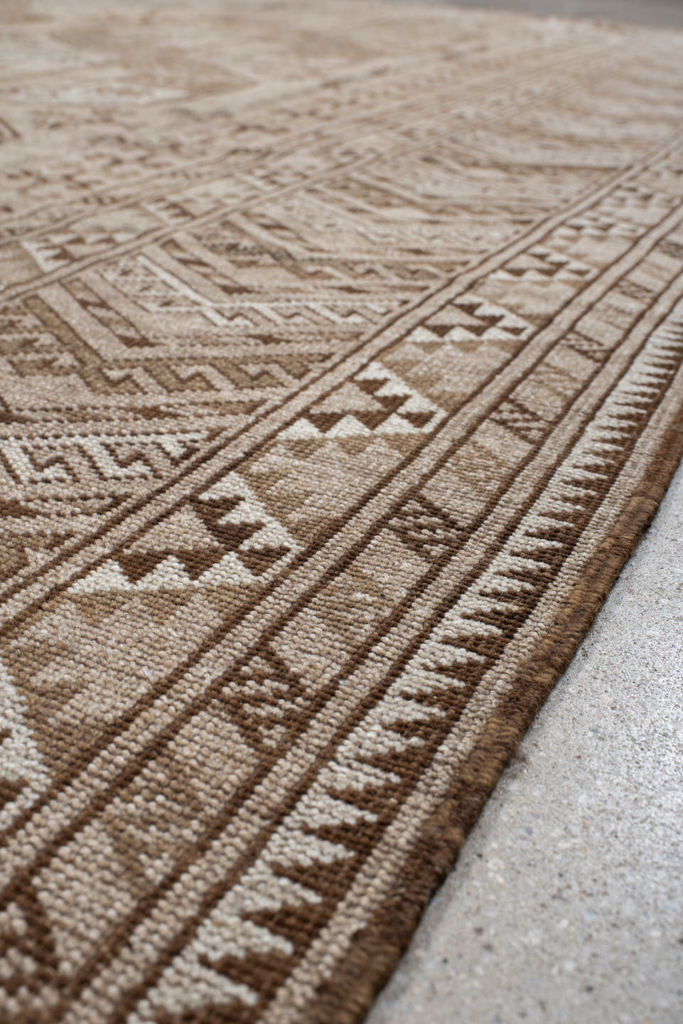 8' x 10' one-of-a-kind handmade antique Afghan large size rug. Color palette: ivory, taupe, camel, sage, brown, beige, gray