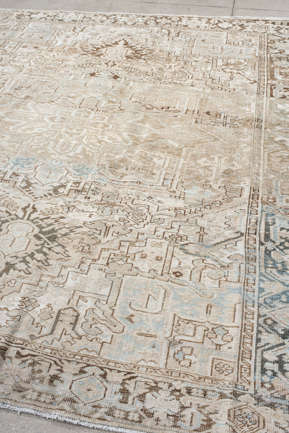 8' x 9' one-of-a-kind handmade vintage Heriz rug. Color palette: gray, off-white, light gray, pink, brown, dark gray