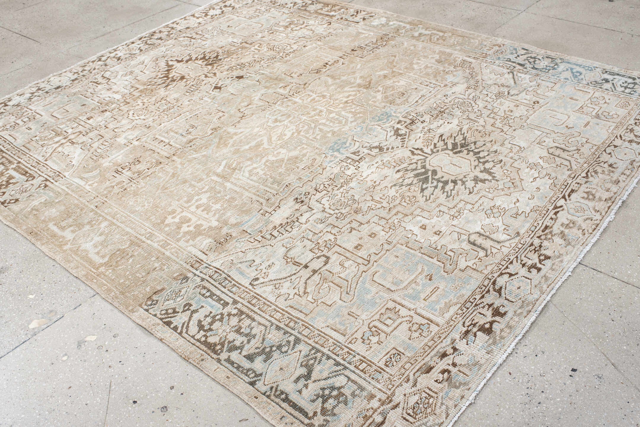 8' x 9' one-of-a-kind handmade vintage Heriz rug. Color palette: gray, off-white, light gray, pink, brown, dark gray