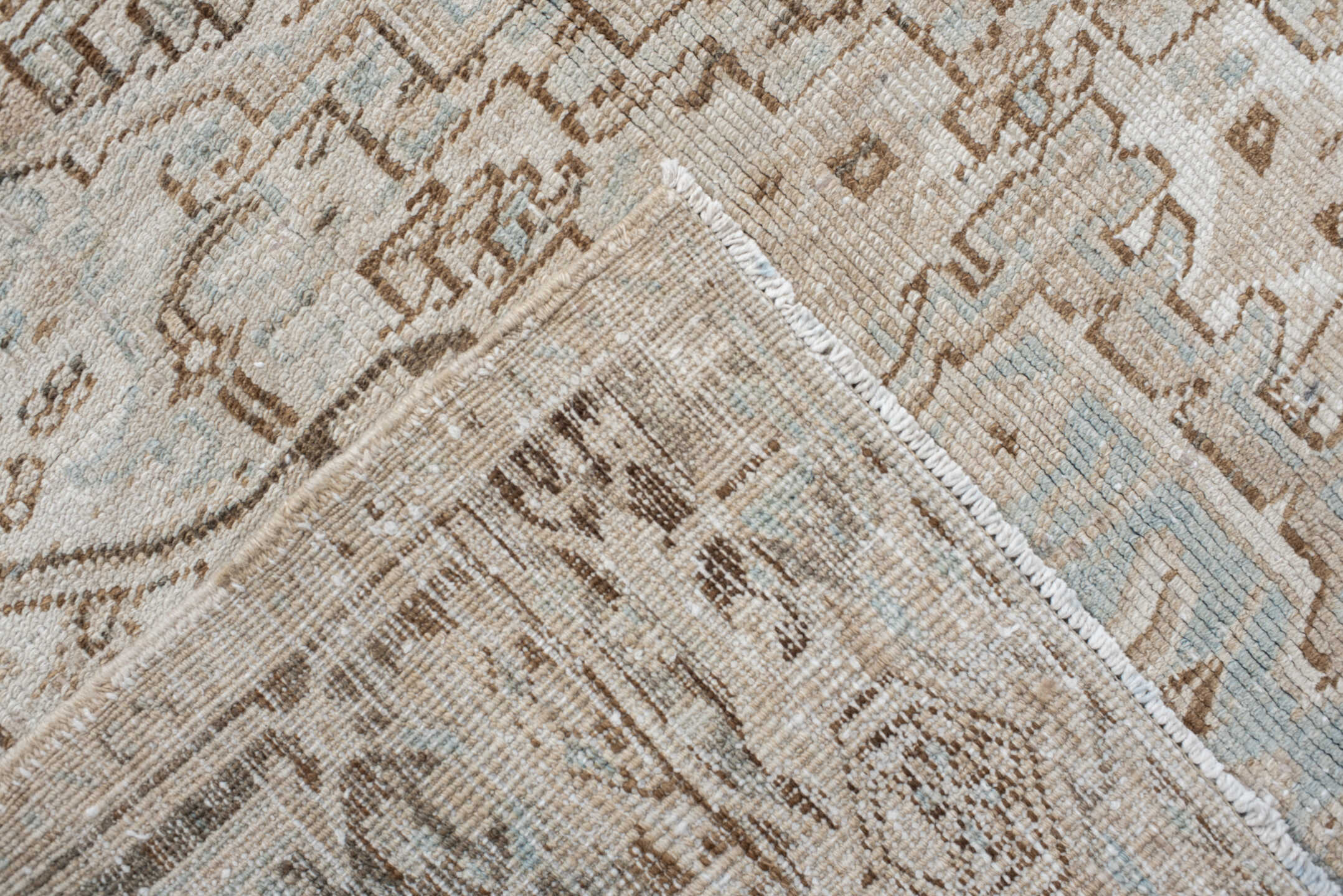 8' x 9' one-of-a-kind handmade vintage Heriz rug. Color palette: gray, off-white, light gray, pink, brown, dark gray