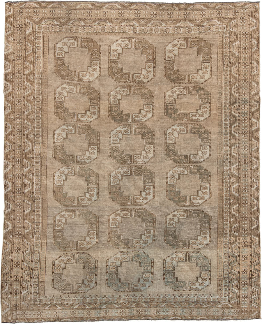 7' x 9' one-of-a-kind handmade antique Afghan rug. Color palette: taupe, camel, beige, ivory, sand, light brown, pale blue