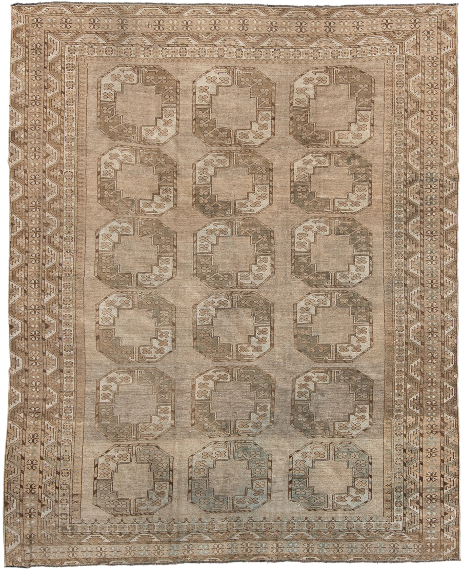 7' x 9' one-of-a-kind handmade antique Afghan rug. Color palette: taupe, camel, beige, ivory, sand, light brown, pale blue