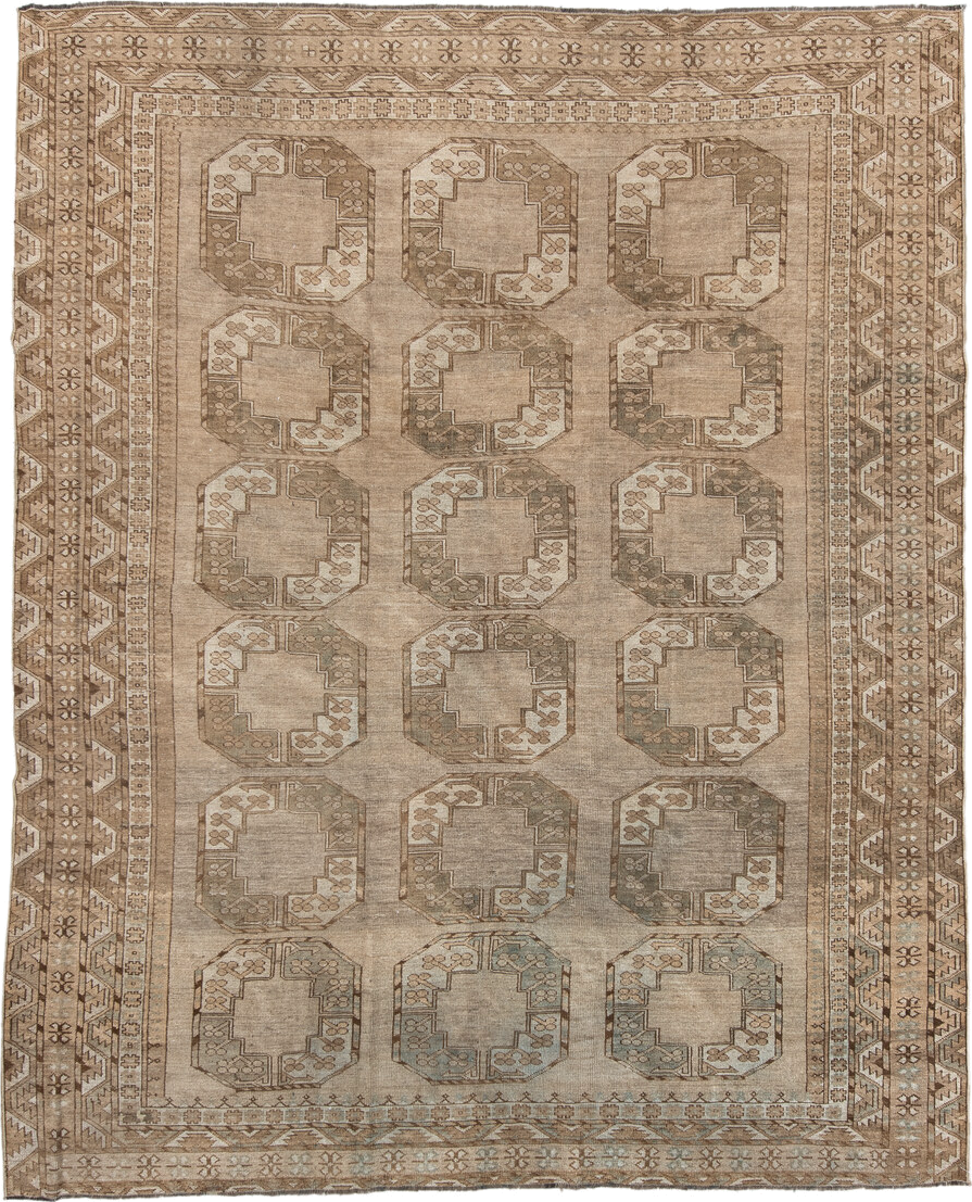 7' x 9' one-of-a-kind handmade vintage Afghan rug. Color palette: brown, gray, light gray, off-white, orange