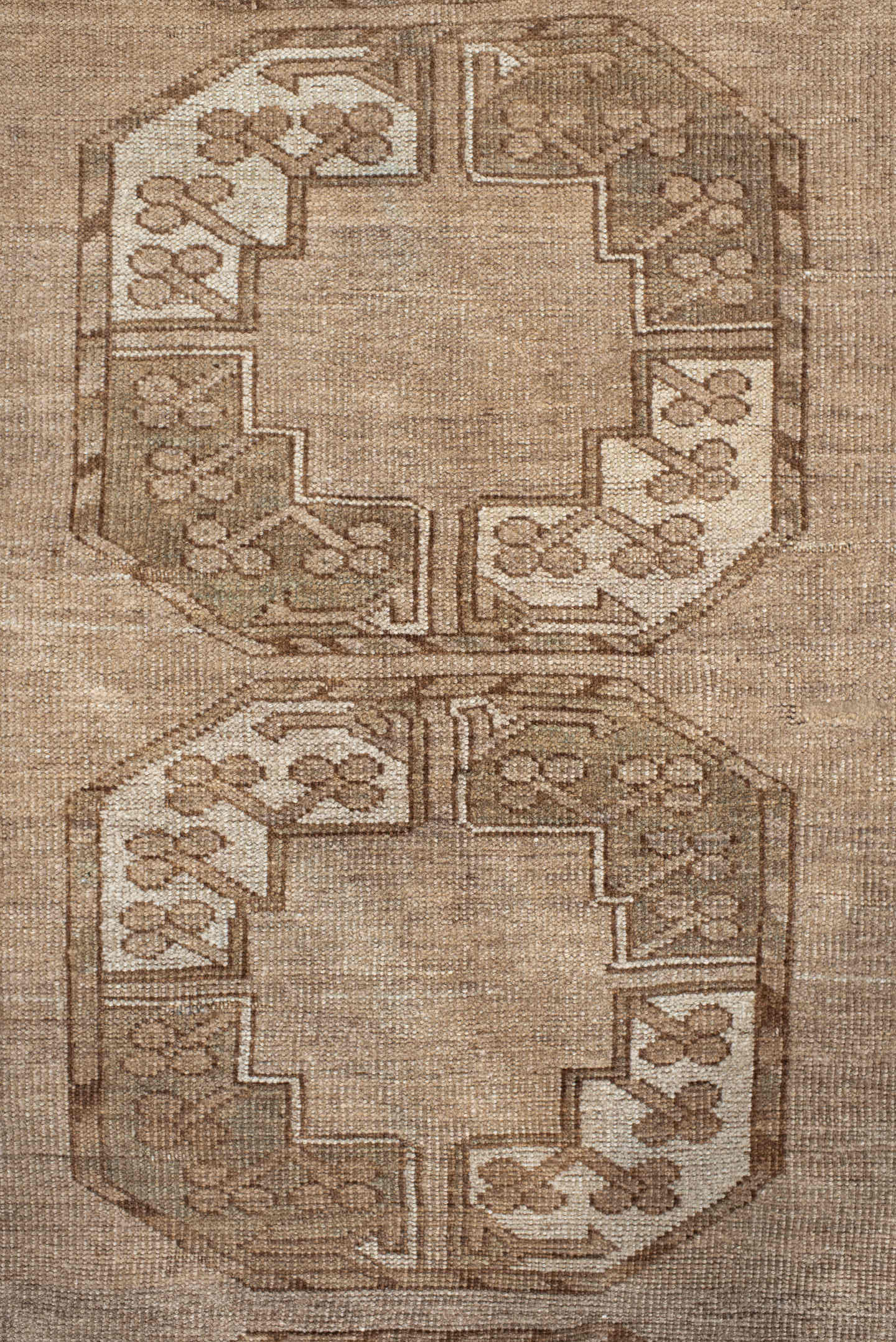 7' x 9' one-of-a-kind handmade antique Afghan rug. Color palette: taupe, camel, beige, ivory, sand, light brown, pale blue