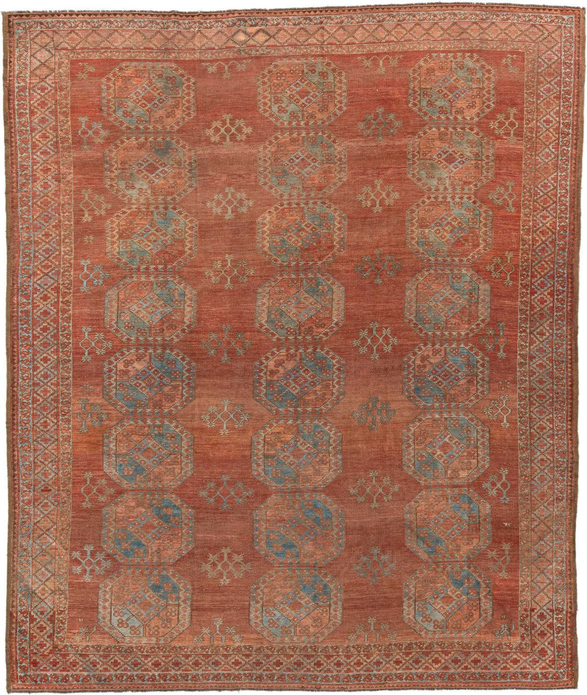 8' x 10' one-of-a-kind handmade antique Afghan large size rug. Color palette: terra cotta, rust, faded blue, salmon, camel
