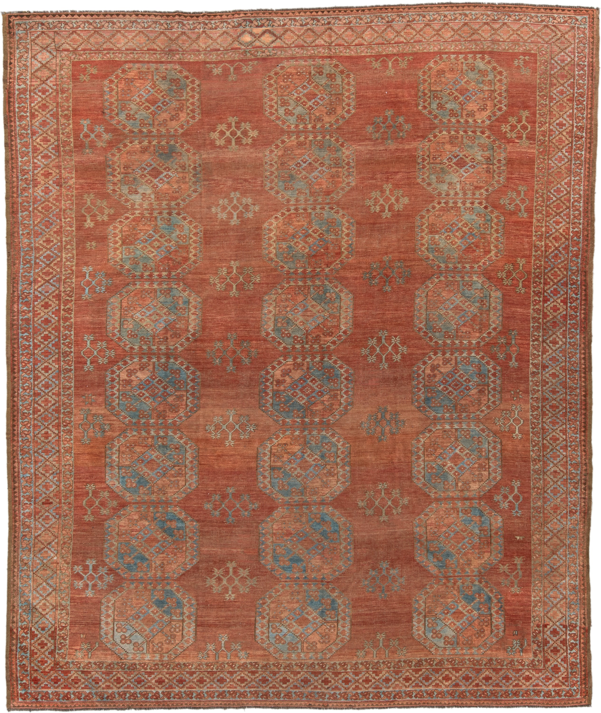 8' x 10' one-of-a-kind handmade antique Afghan large size rug. Color palette: terra cotta, rust, faded blue, salmon, camel