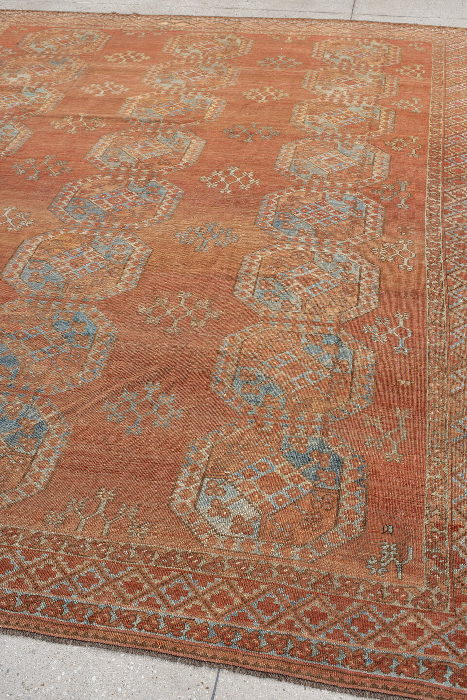 8' x 10' one-of-a-kind handmade antique Afghan large size rug. Color palette: terra cotta, rust, faded blue, salmon, camel