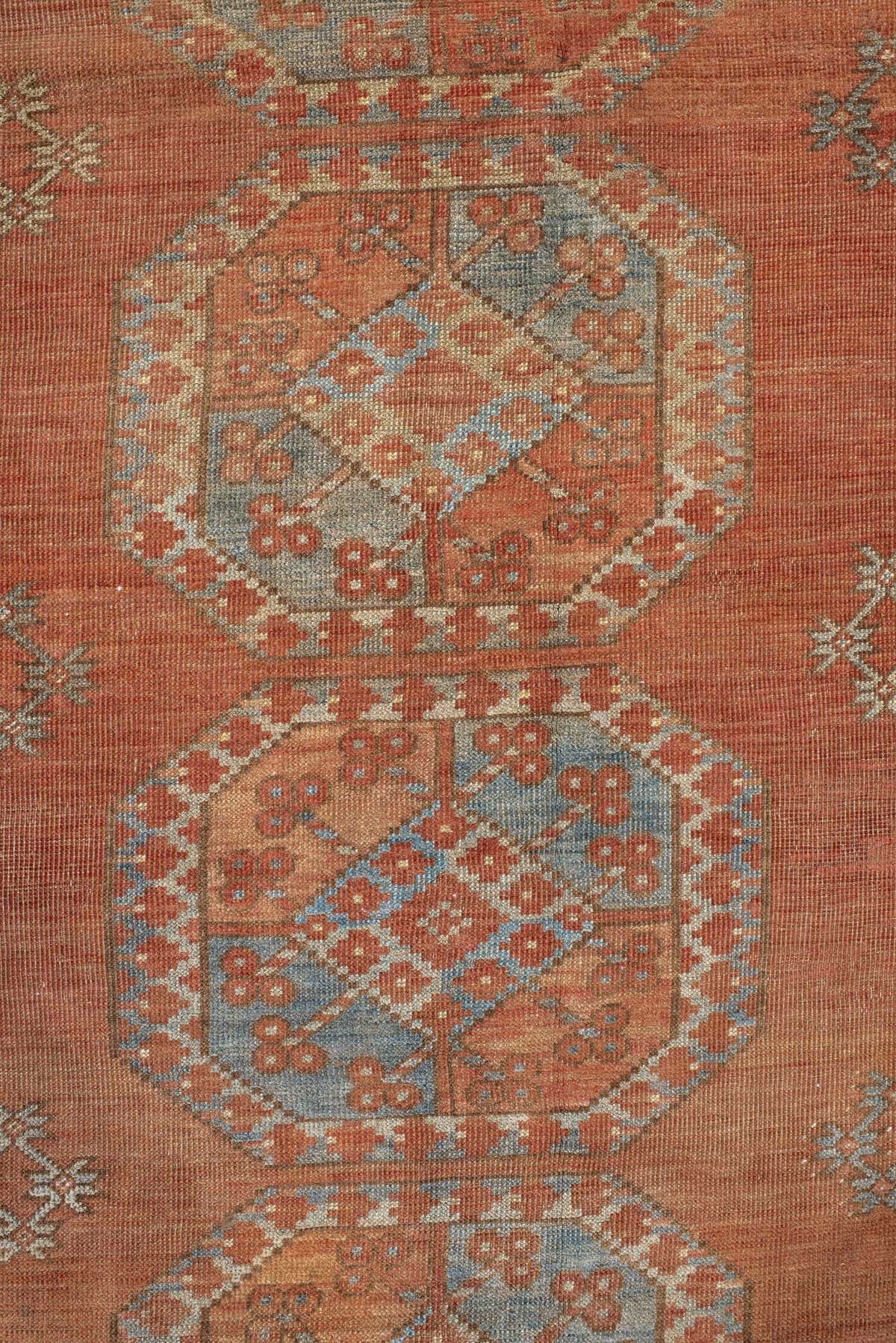 8' x 10' one-of-a-kind handmade antique Afghan large size rug. Color palette: terra cotta, rust, faded blue, salmon, camel