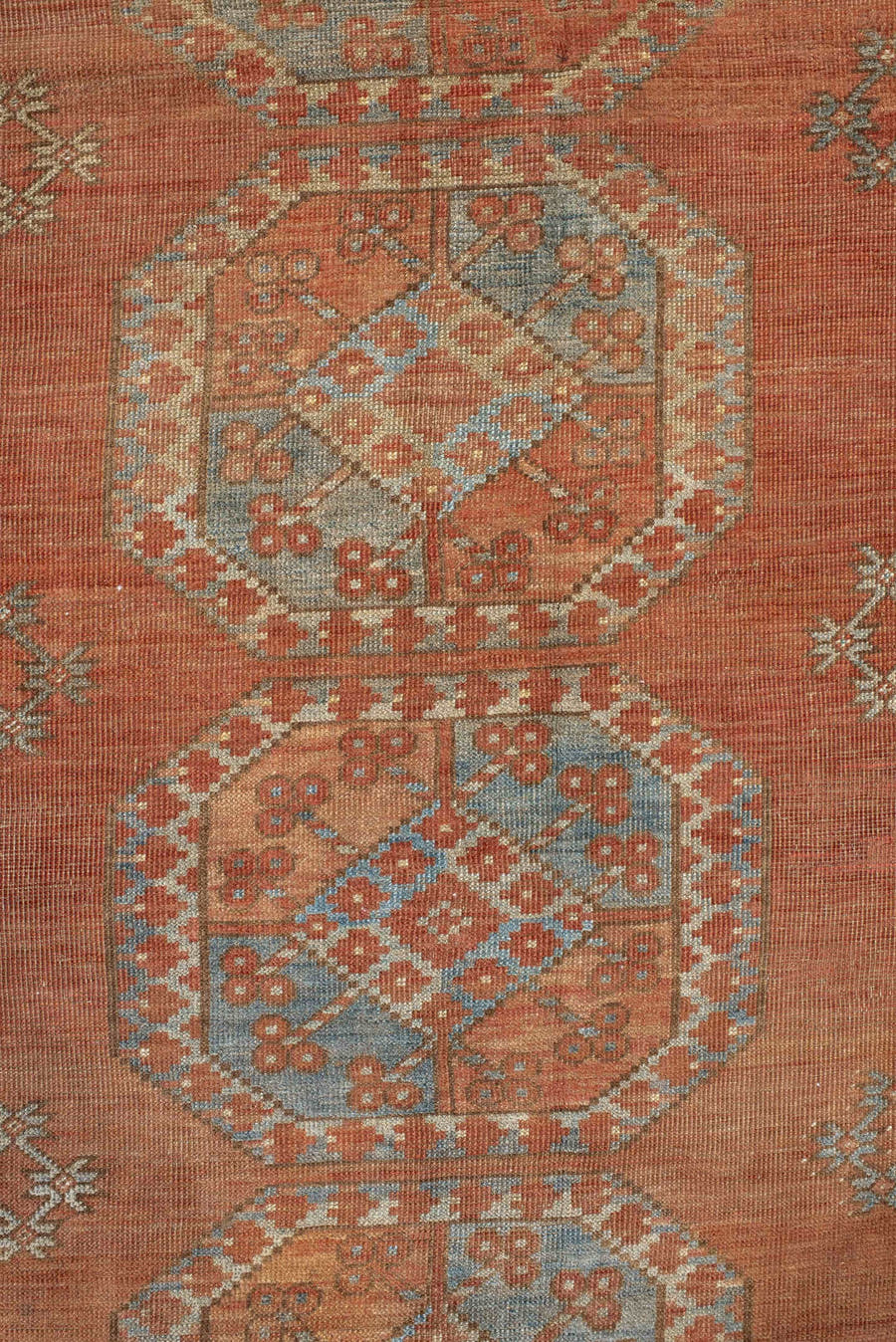 8' x 10' one-of-a-kind handmade antique Afghan large size rug. Color palette: terra cotta, rust, faded blue, salmon, camel