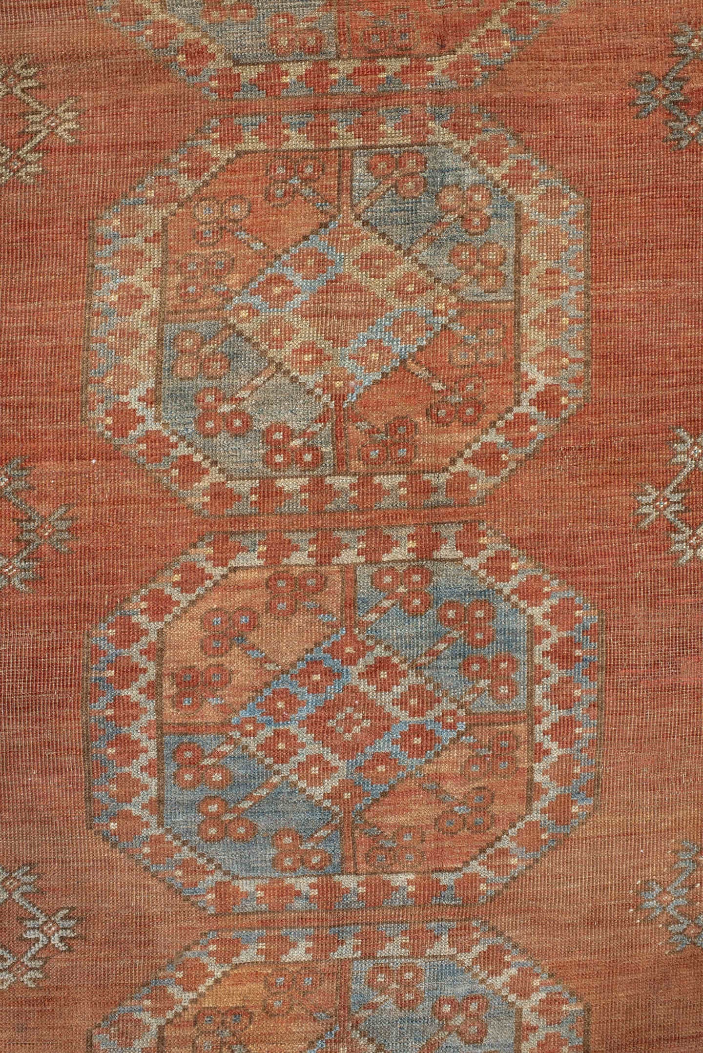 8' x 10' one-of-a-kind handmade antique Afghan large size rug. Color palette: terra cotta, rust, faded blue, salmon, camel