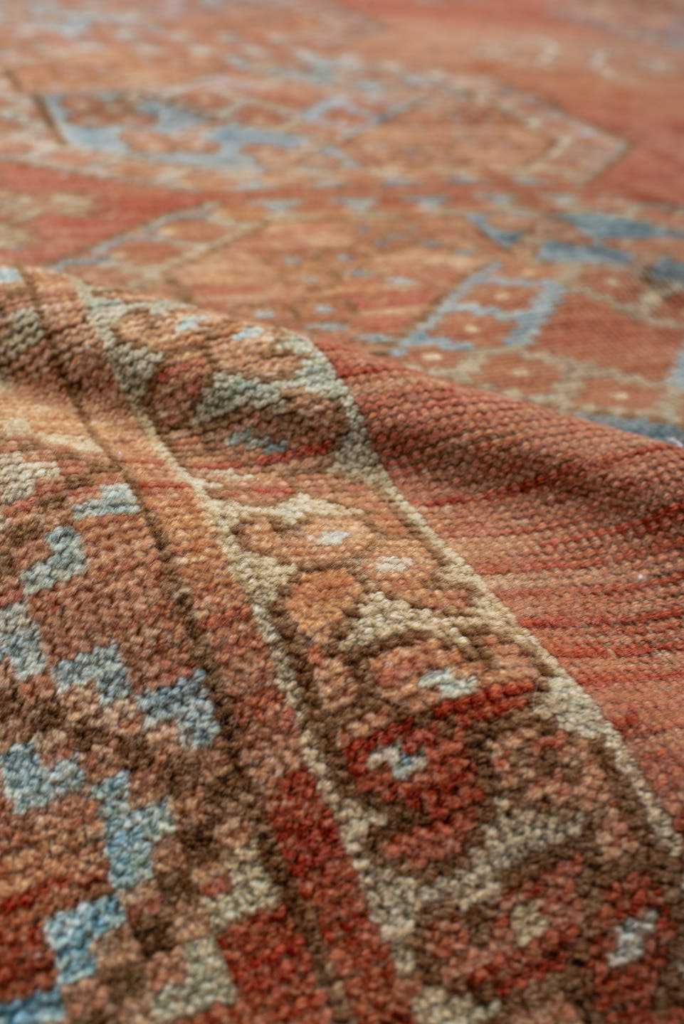 8' x 10' one-of-a-kind handmade antique Afghan large size rug. Color palette: terra cotta, rust, faded blue, salmon, camel
