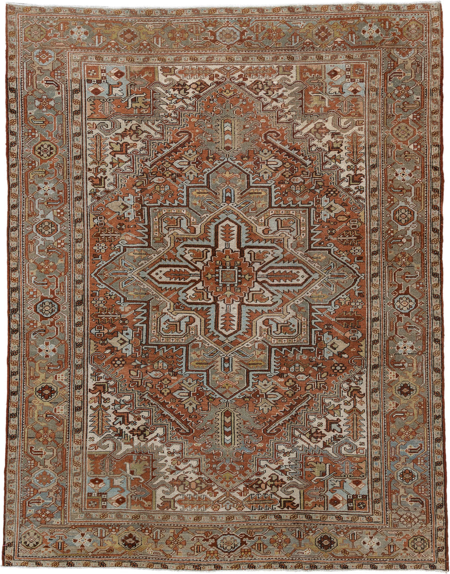 8' x 10' one-of-a-kind handmade antique Heriz large size rug. Color palette: terra cotta, blue-gray, ivory, taupe, rust