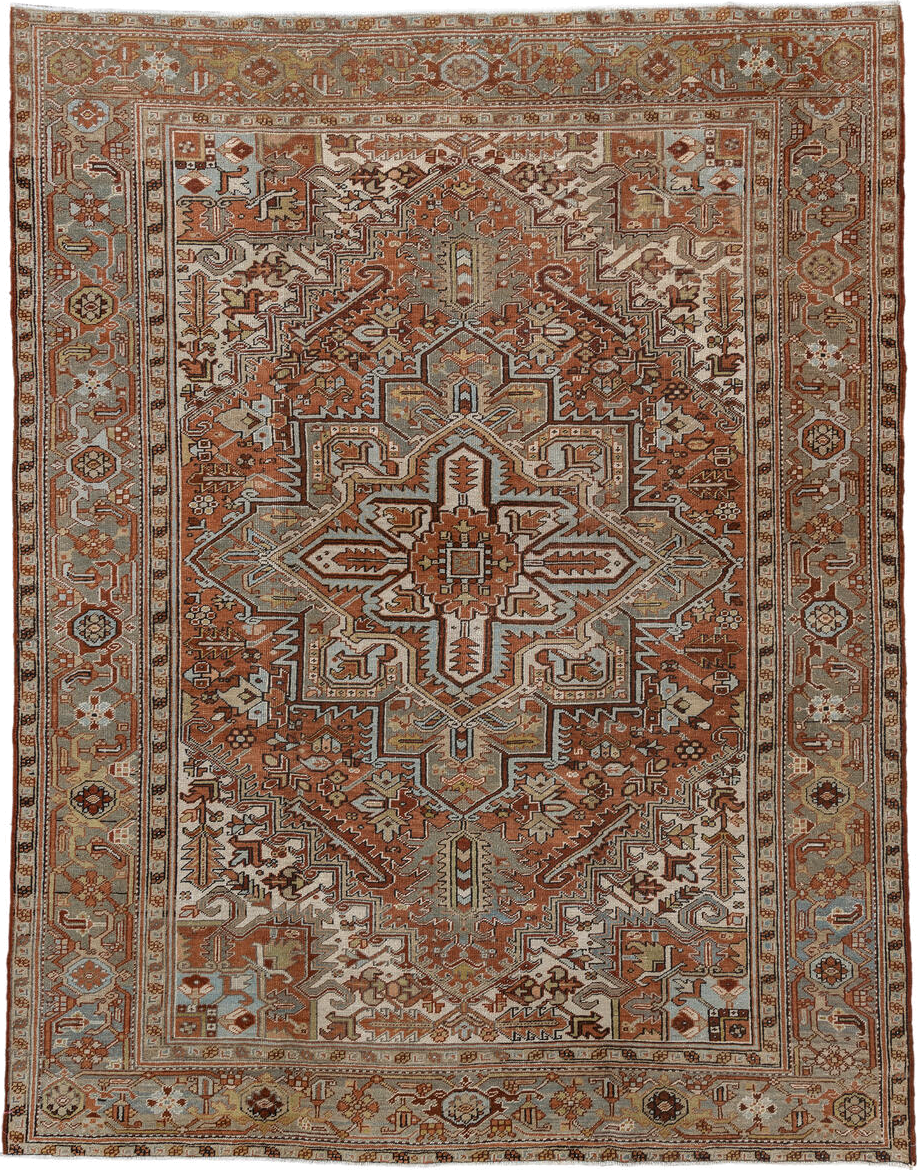 8' x 10' one-of-a-kind handmade vintage Heriz large size rug. Color palette: black, brown, dark gray, gray, off-white