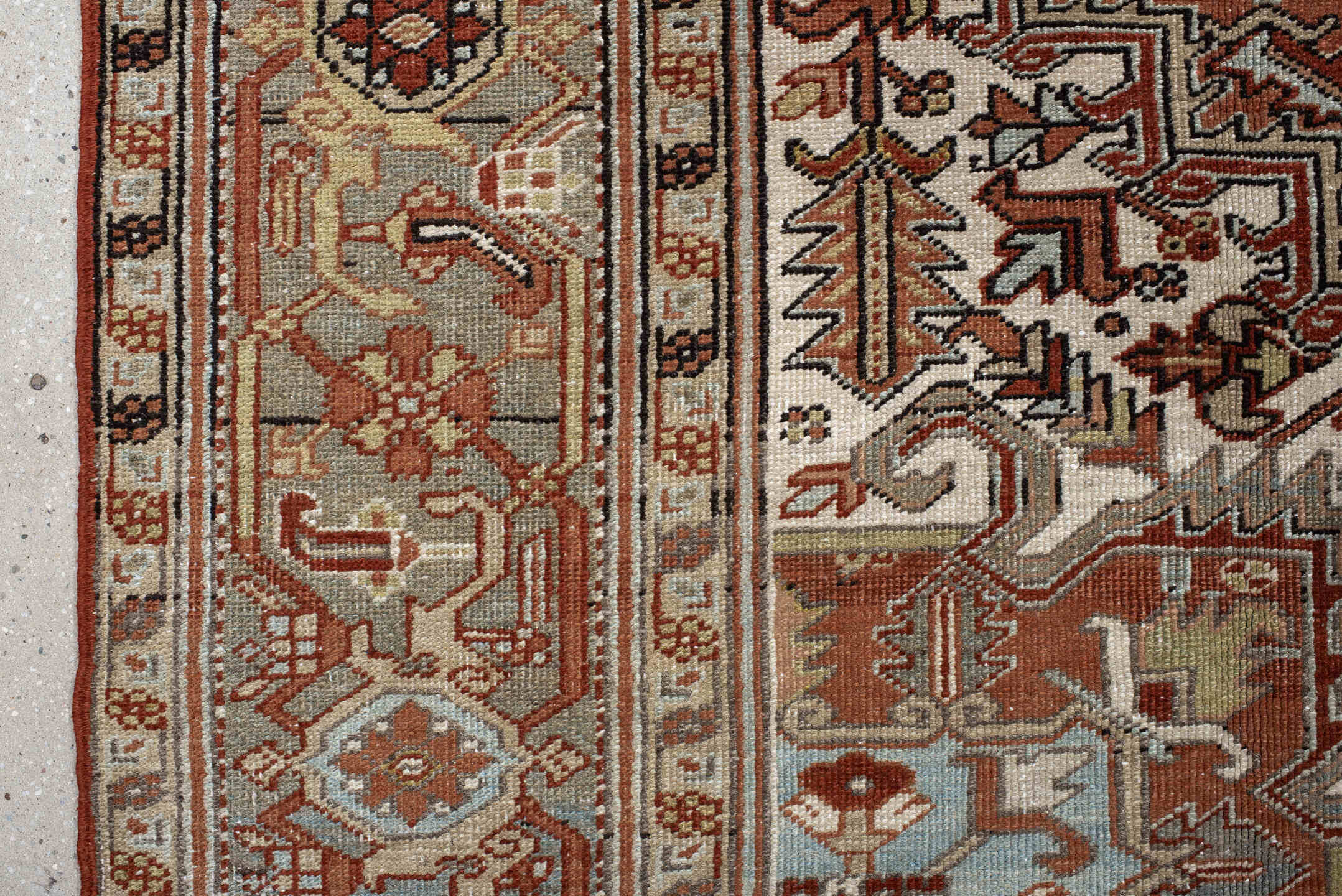 8' x 10' one-of-a-kind handmade antique Heriz large size rug. Color palette: terra cotta, blue-gray, ivory, taupe, rust