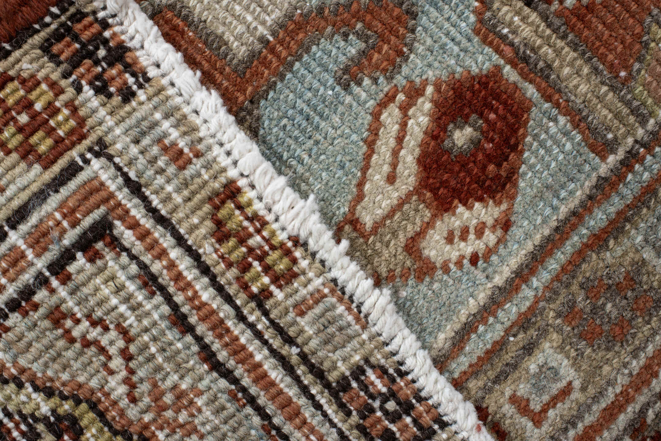 8' x 10' one-of-a-kind handmade antique Heriz large size rug. Color palette: terra cotta, blue-gray, ivory, taupe, rust