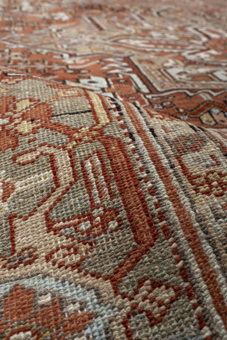 8' x 10' one-of-a-kind handmade antique Heriz large size rug. Color palette: terra cotta, blue-gray, ivory, taupe, rust