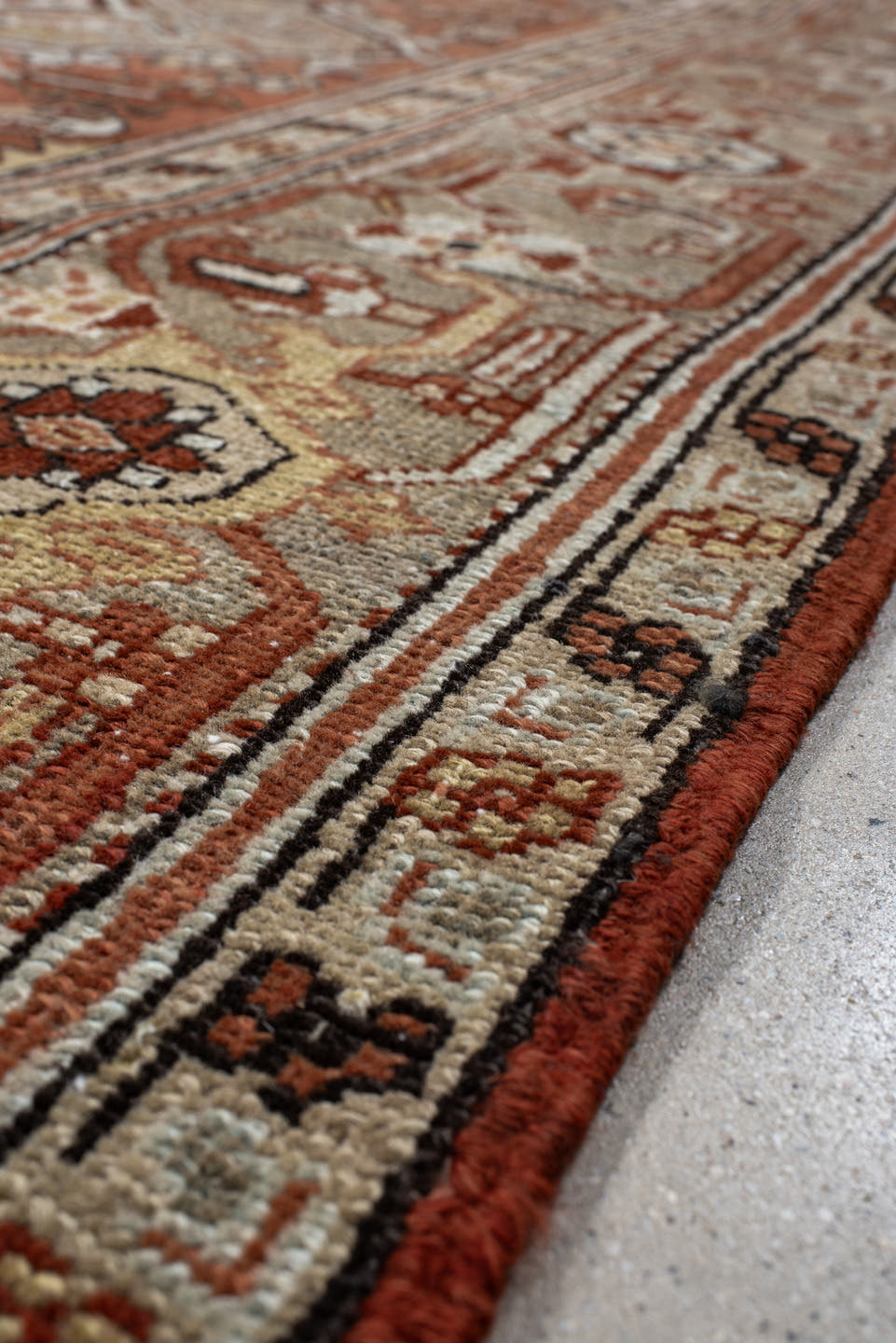 8' x 10' one-of-a-kind handmade antique Heriz large size rug. Color palette: terra cotta, blue-gray, ivory, taupe, rust