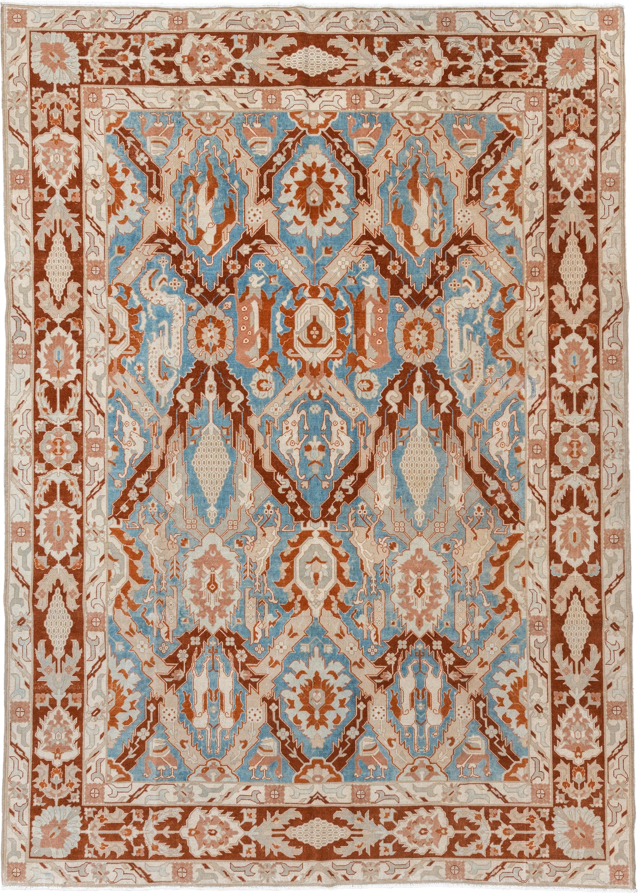 8' x 11' one-of-a-kind handmade vintage Tabriz large size rug. Color palette: sky blue, ivory, rust, beige, camel, taupe
