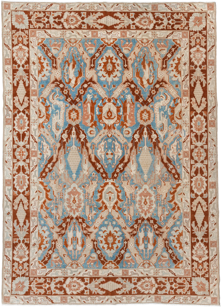 8' x 11' one-of-a-kind handmade vintage Tabriz large size rug. Color palette: sky blue, ivory, rust, beige, camel, taupe