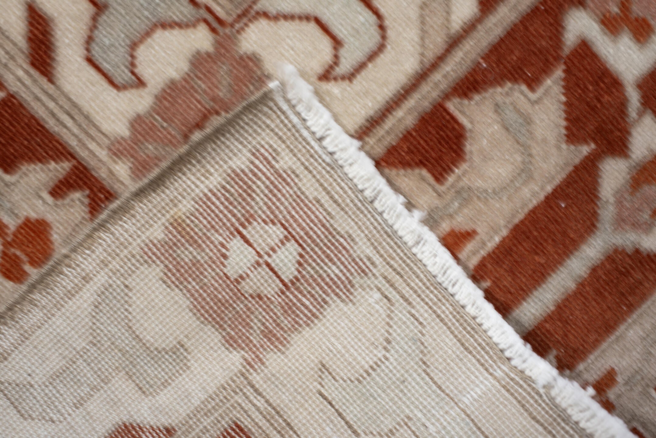 8' x 11' one-of-a-kind handmade vintage  large size rug. Color palette: blue, brown, gray, light gray, off-white, orange