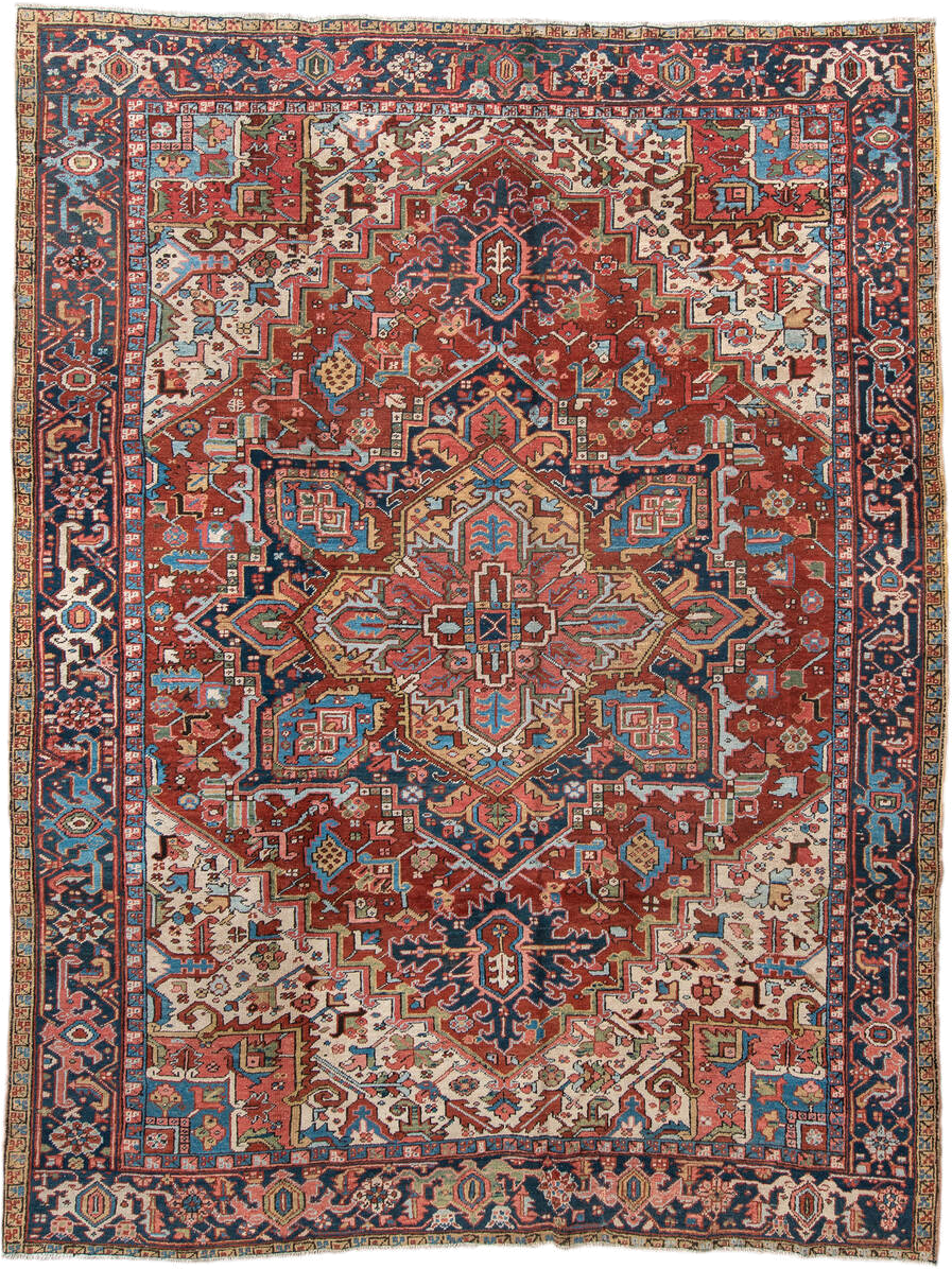 8' x 10' one-of-a-kind handmade antique Heriz large size rug. Color palette: rust, navy, ivory, sky blue, camel, coral, sage