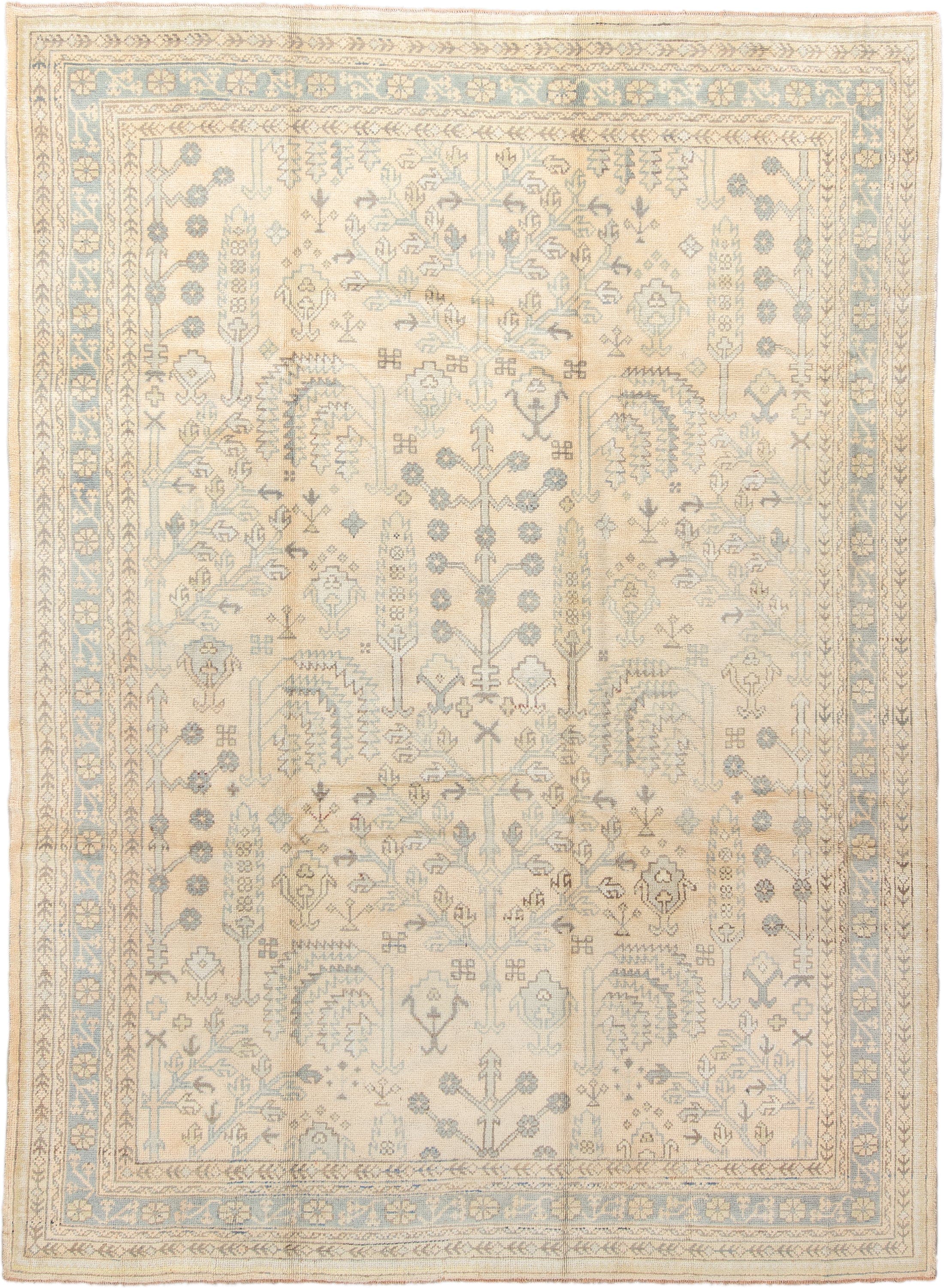 8' x 11' one-of-a-kind handmade antique Oushak large size rug. Color palette: ivory, powder_blue, beige, taupe, pale_gold