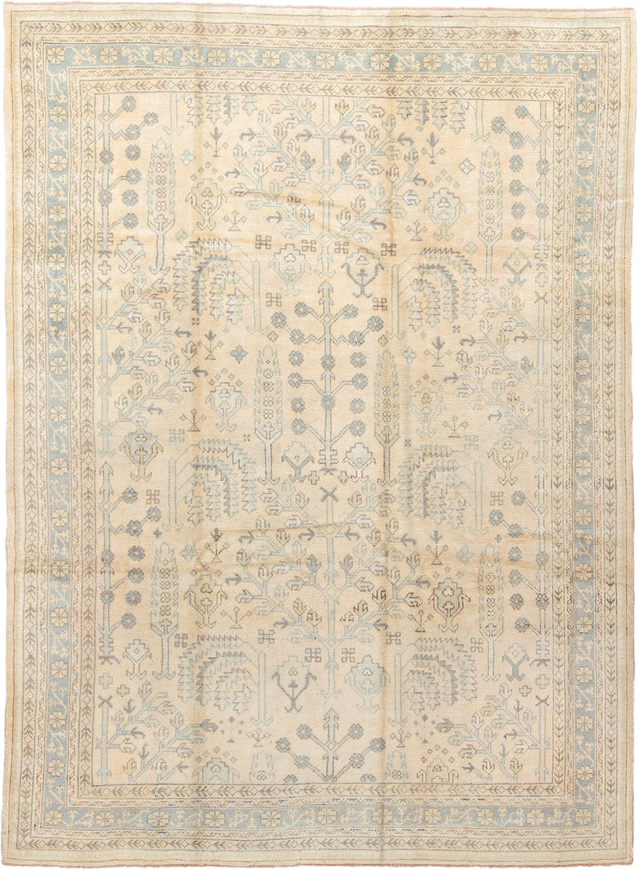 8' x 11' one-of-a-kind handmade antique Oushak large size rug. Color palette: ivory, powder_blue, beige, taupe, pale_gold