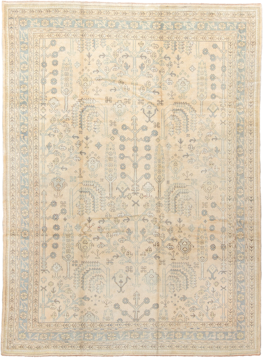 8' x 11' one-of-a-kind handmade antique Oushak large size rug. Color palette: ivory, powder_blue, beige, taupe, pale_gold