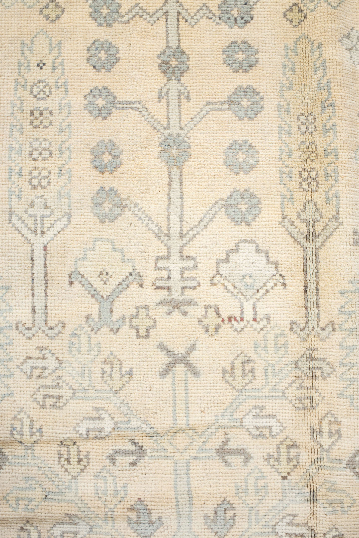 8' x 11' one-of-a-kind handmade antique Oushak large size rug. Color palette: ivory, powder_blue, beige, taupe, pale_gold