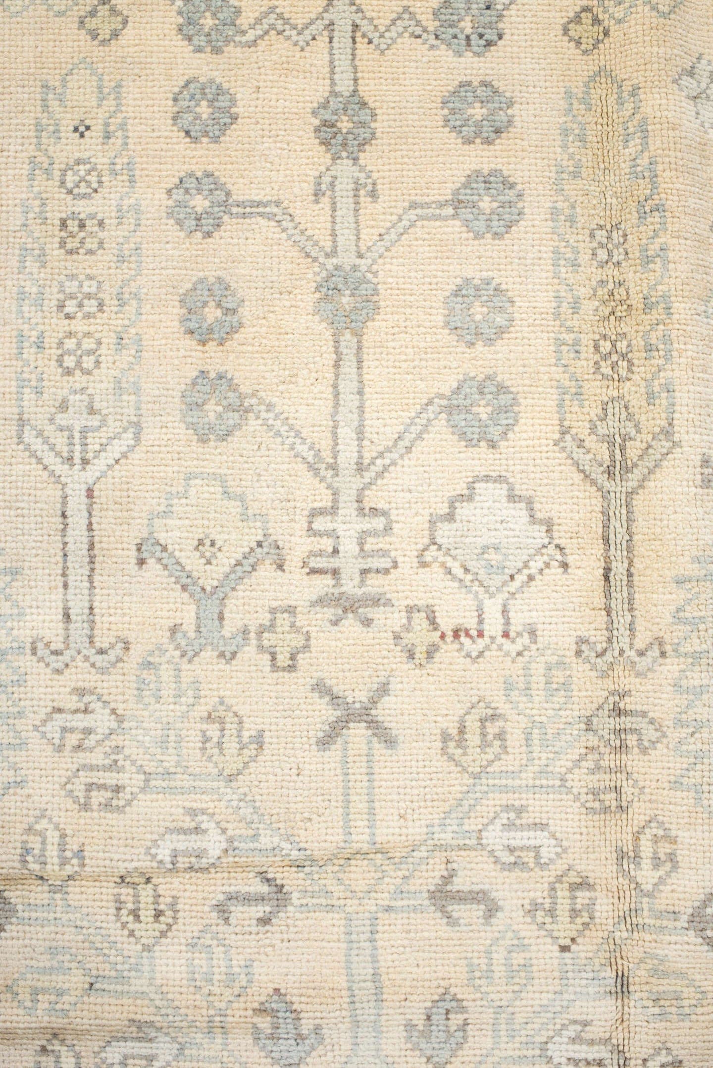 8' x 11' one-of-a-kind handmade antique Oushak large size rug. Color palette: ivory, powder_blue, beige, taupe, pale_gold