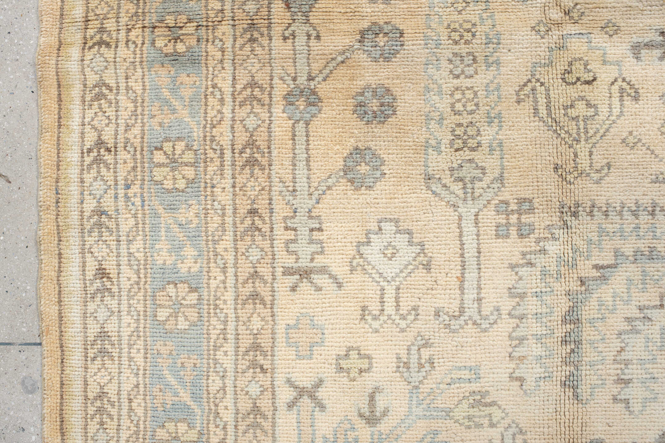 8' x 11' one-of-a-kind handmade antique Oushak large size rug. Color palette: ivory, powder_blue, beige, taupe, pale_gold