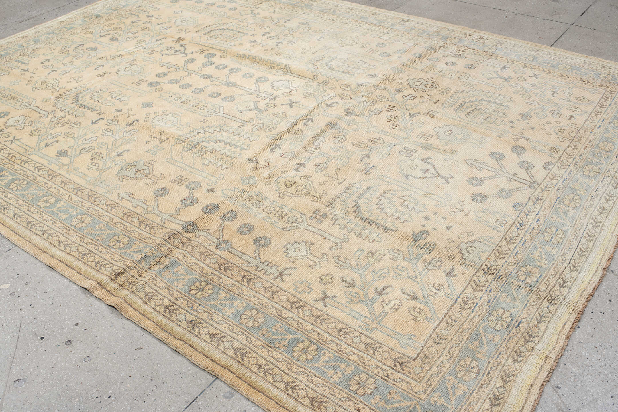 8' x 11' one-of-a-kind handmade antique Oushak large size rug. Color palette: ivory, powder_blue, beige, taupe, pale_gold