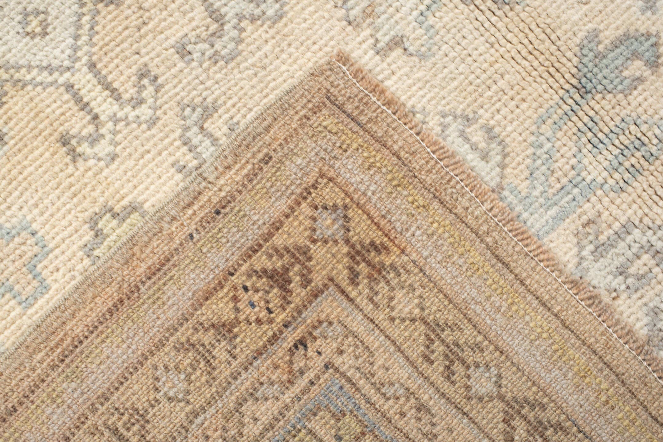 8' x 11' one-of-a-kind handmade antique Oushak large size rug. Color palette: ivory, powder_blue, beige, taupe, pale_gold