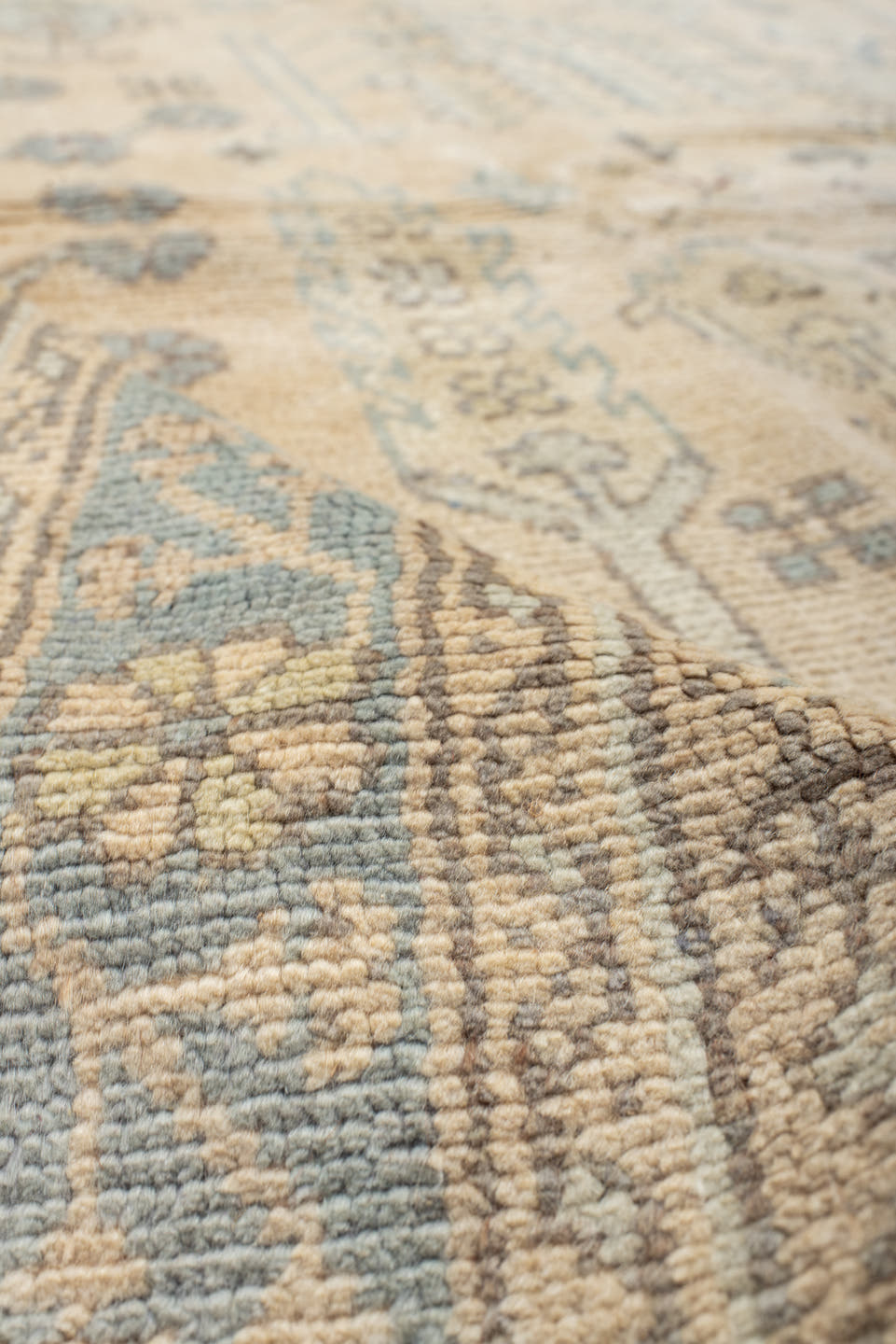 8' x 11' one-of-a-kind handmade antique Oushak large size rug. Color palette: ivory, powder_blue, beige, taupe, pale_gold