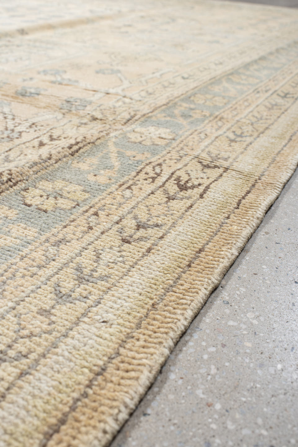 8' x 11' one-of-a-kind handmade antique Oushak large size rug. Color palette: ivory, powder_blue, beige, taupe, pale_gold