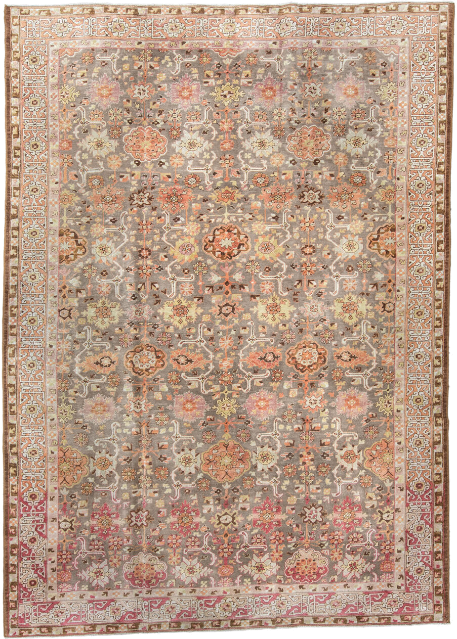 8' x 11' one-of-a-kind handmade antique Hooked large size rug. Color palette: taupe, rose, ivory, coral, ochre, brown, sage