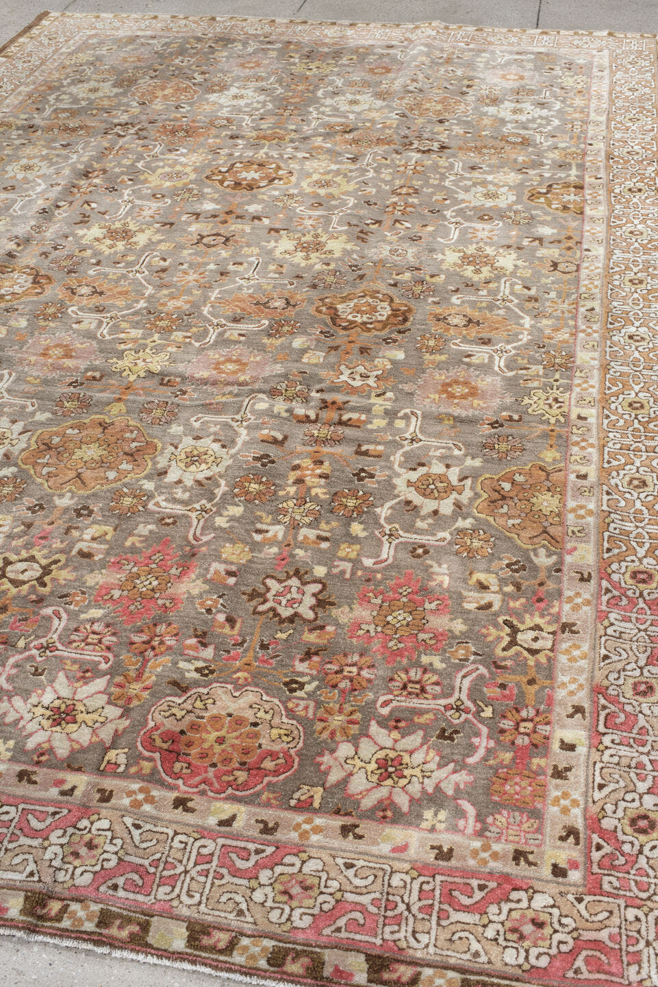 8' x 11' one-of-a-kind handmade antique Hooked large size rug. Color palette: taupe, rose, ivory, coral, ochre, brown, sage