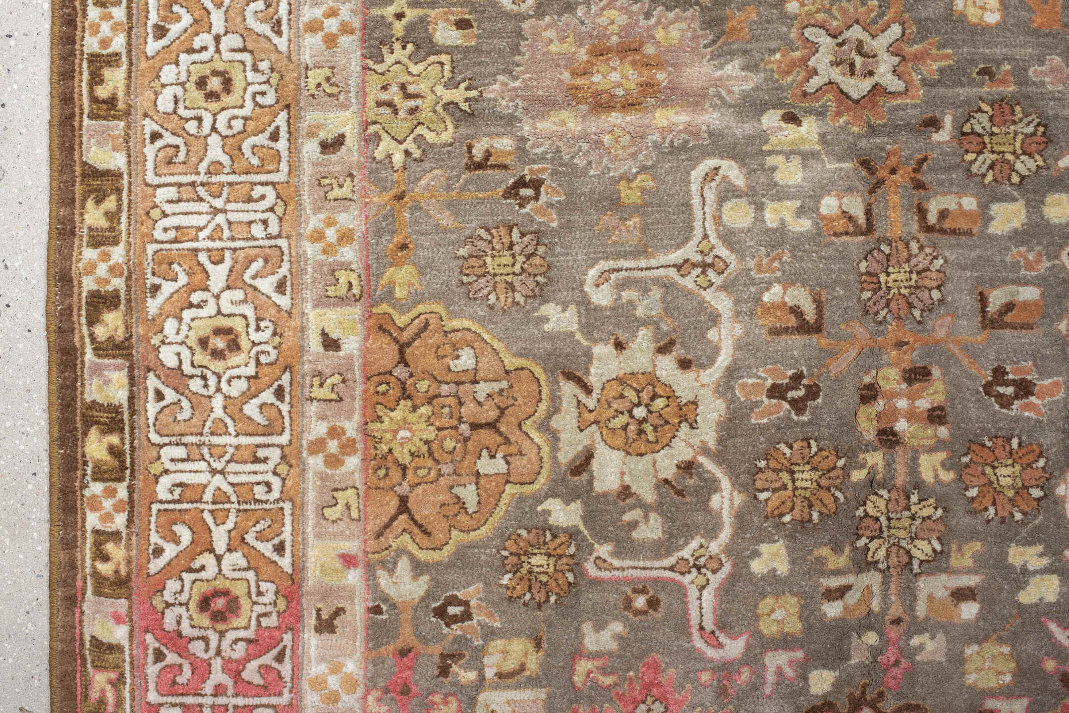 8' x 11' one-of-a-kind handmade antique Hooked large size rug. Color palette: taupe, rose, ivory, coral, ochre, brown, sage