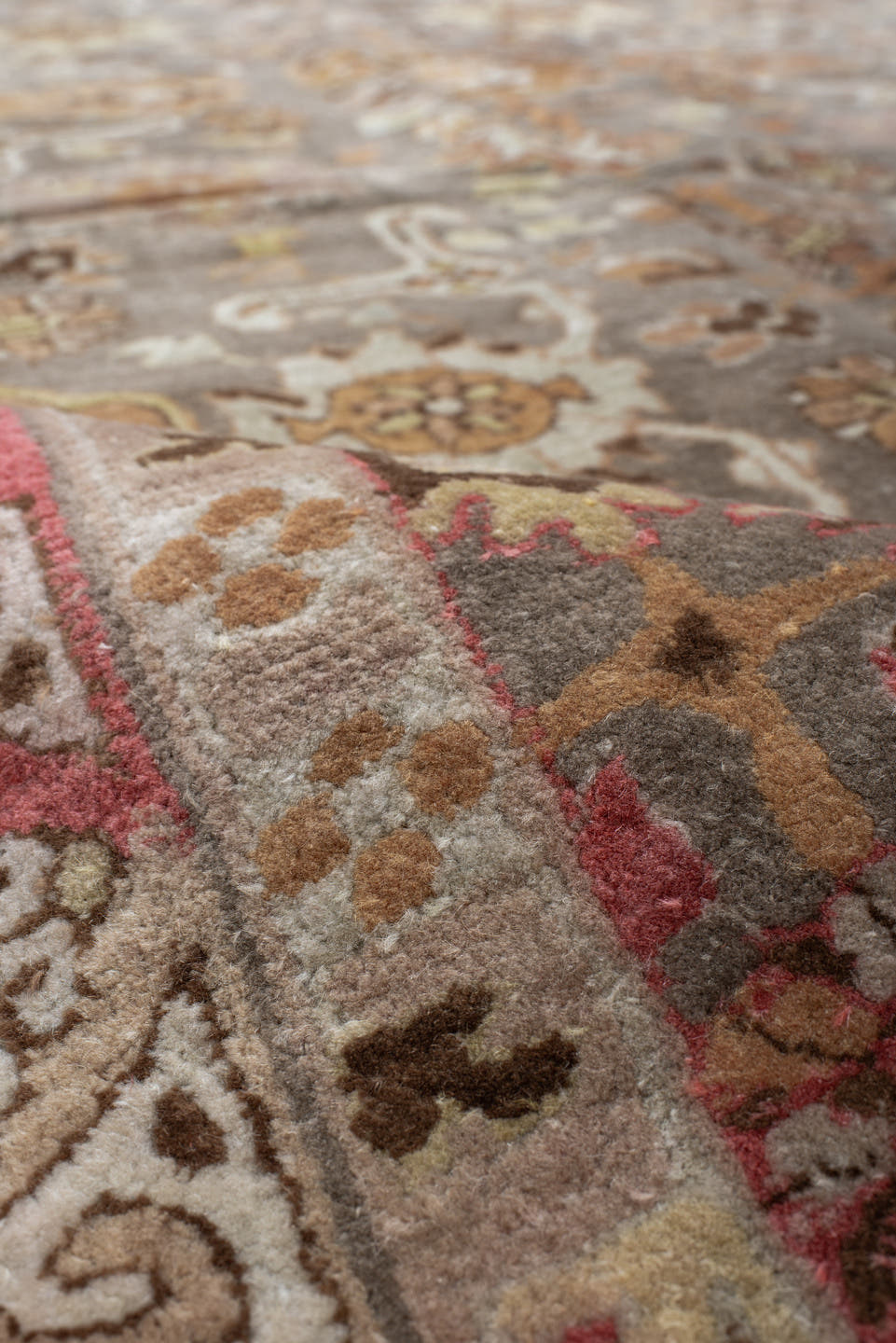 8' x 11' one-of-a-kind handmade antique Hooked large size rug. Color palette: taupe, rose, ivory, coral, ochre, brown, sage