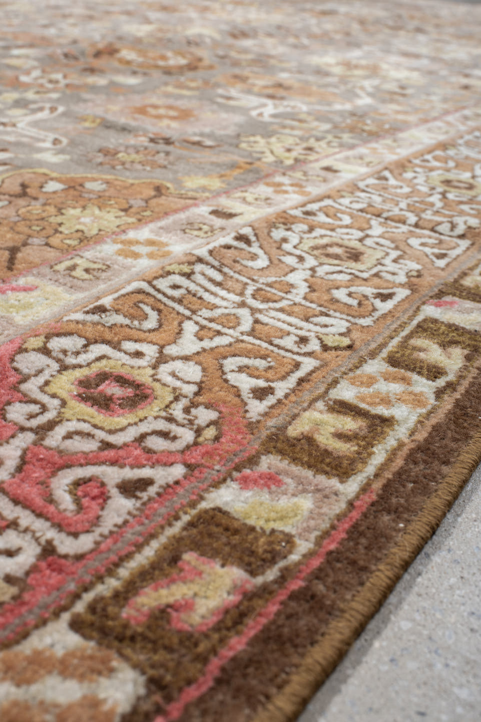 8' x 11' one-of-a-kind handmade antique Hooked large size rug. Color palette: taupe, rose, ivory, coral, ochre, brown, sage
