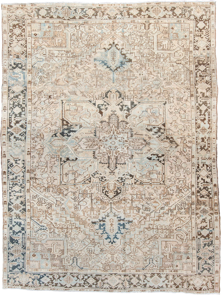 8' x 10' one-of-a-kind handmade vintage Heriz large size rug. Color palette: ivory, taupe, charcoal, light blue, beige